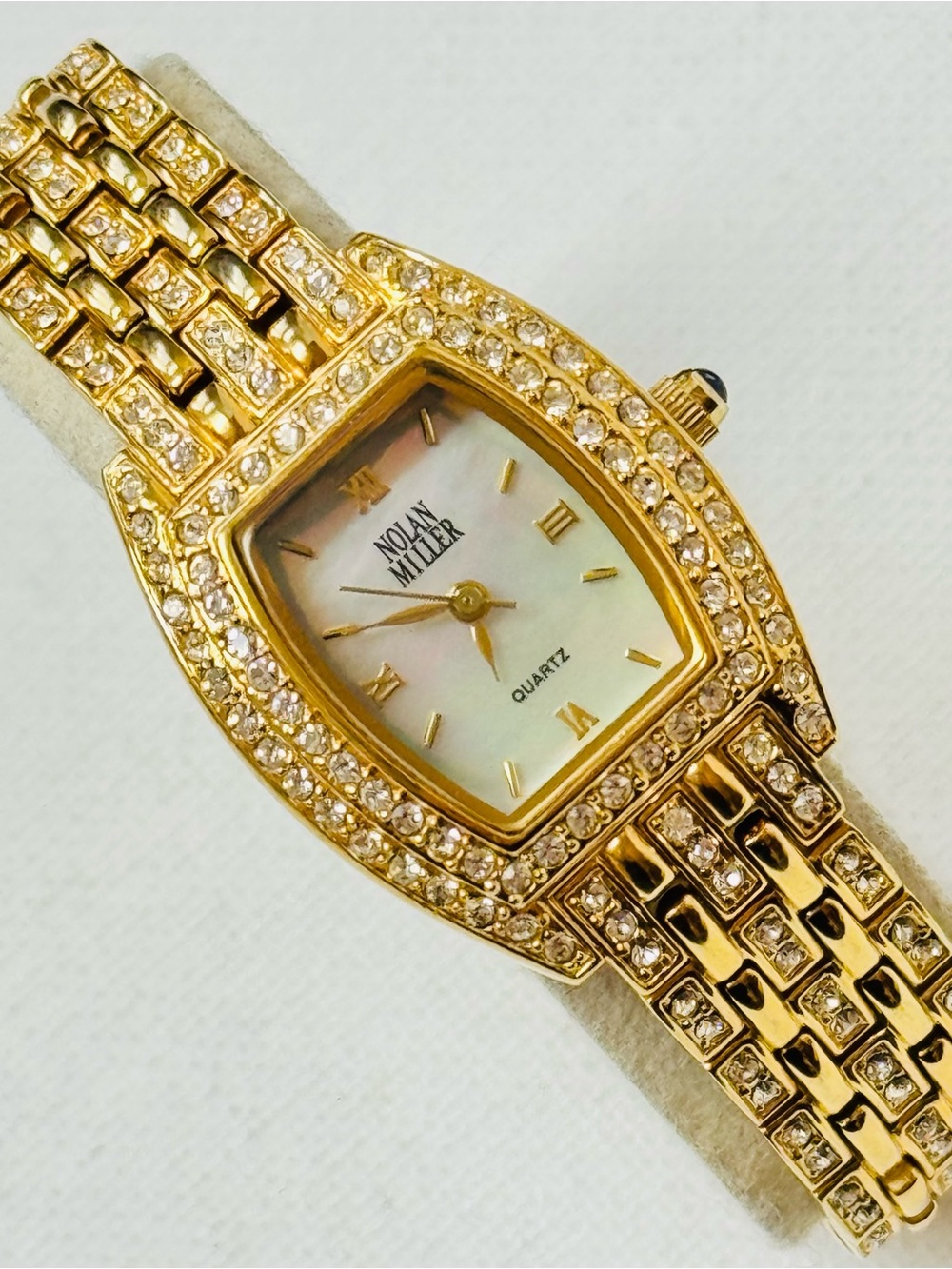 Vintage Nolan Miller Mother Of Pearl Women's Gold Dress Bracelet Watch Crystals